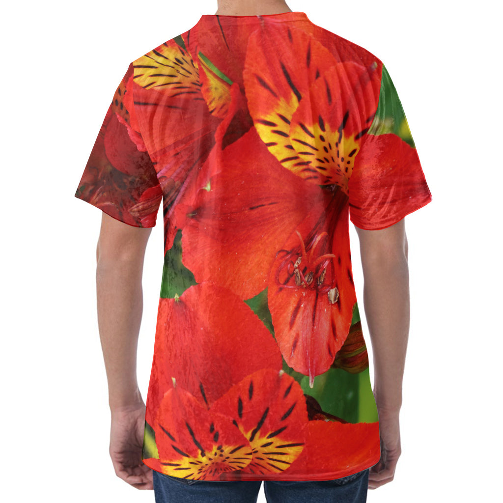 Red Alstroemeria Print Men's Velvet T-Shirt