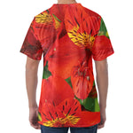 Red Alstroemeria Print Men's Velvet T-Shirt