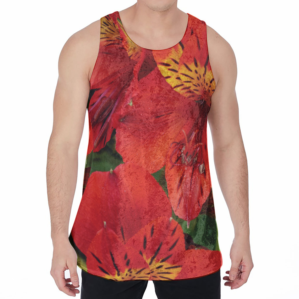 Red Alstroemeria Print Men's Velvet Tank Top