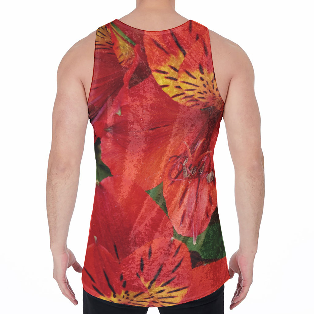 Red Alstroemeria Print Men's Velvet Tank Top