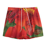 Red Alstroemeria Print Mesh Shorts