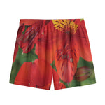 Red Alstroemeria Print Mesh Shorts