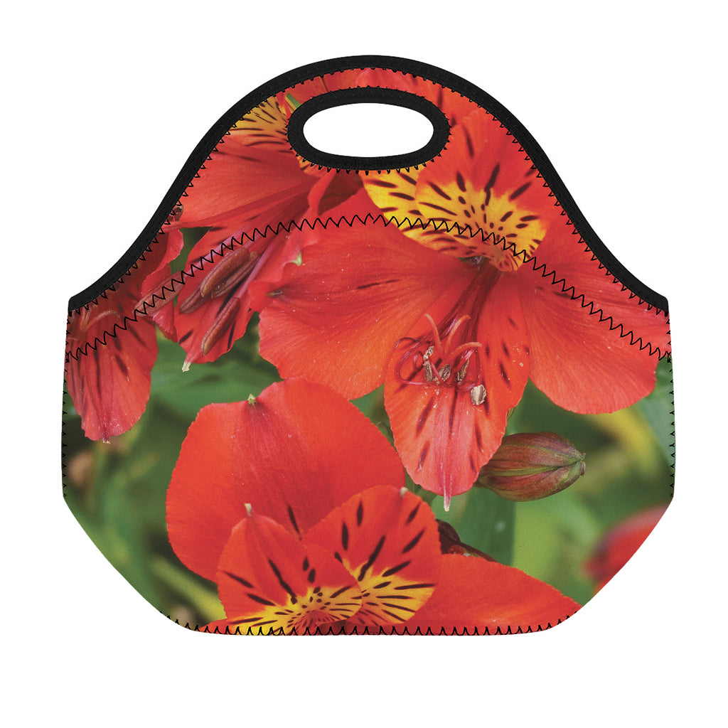 Red Alstroemeria Print Neoprene Lunch Bag