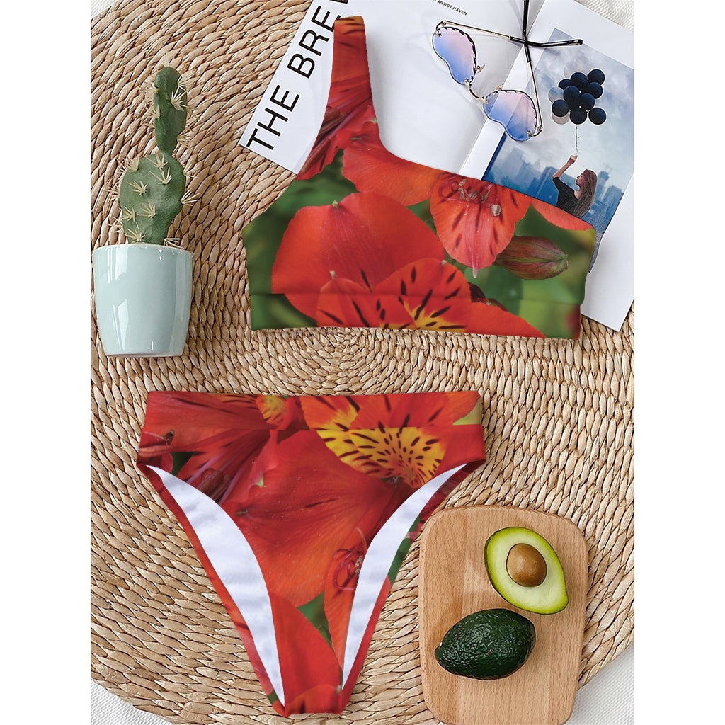 Red Alstroemeria Print One Shoulder Bikini Top