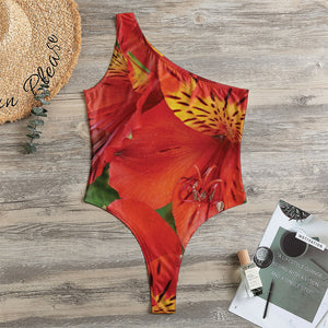 Red Alstroemeria Print One Shoulder Bodysuit