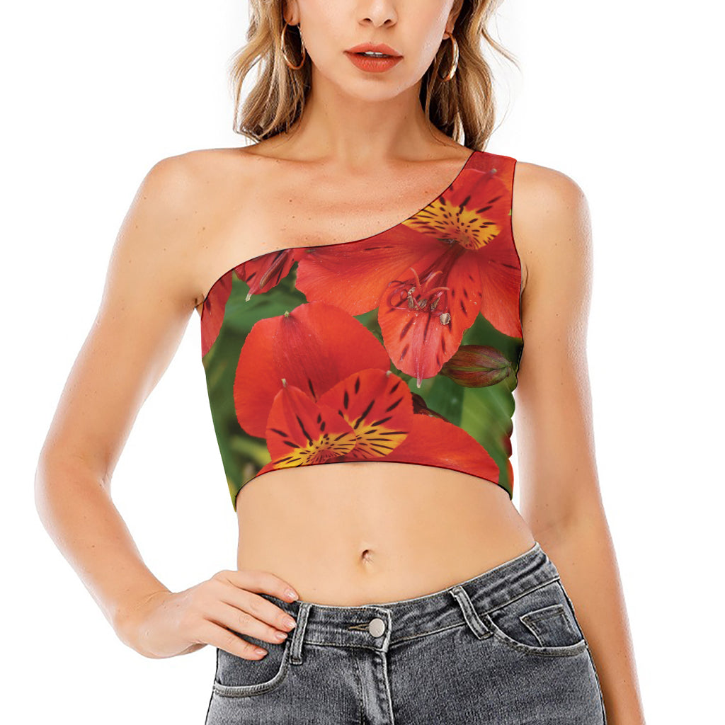 Red Alstroemeria Print One Shoulder Crop Top