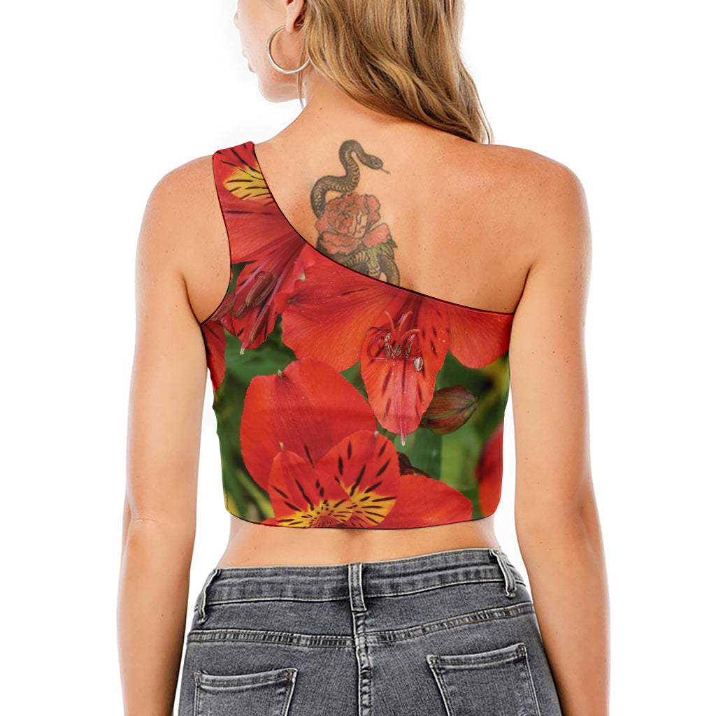 Red Alstroemeria Print One Shoulder Crop Top