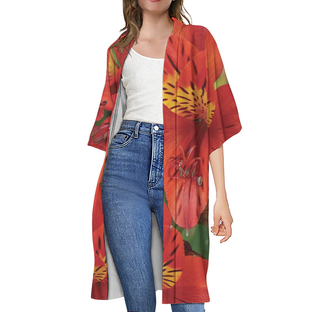 Red Alstroemeria Print Open Front Beach Cover Up