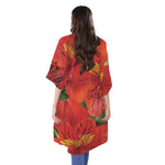 Red Alstroemeria Print Open Front Beach Cover Up