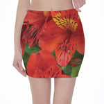 Red Alstroemeria Print Pencil Mini Skirt