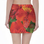 Red Alstroemeria Print Pencil Mini Skirt