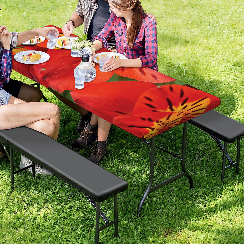 Red Alstroemeria Print Picnic Table Cover