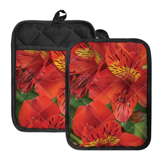 Red Alstroemeria Print Pot Holders With Pocket