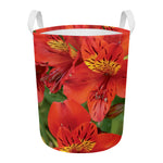 Red Alstroemeria Print Round Laundry Basket