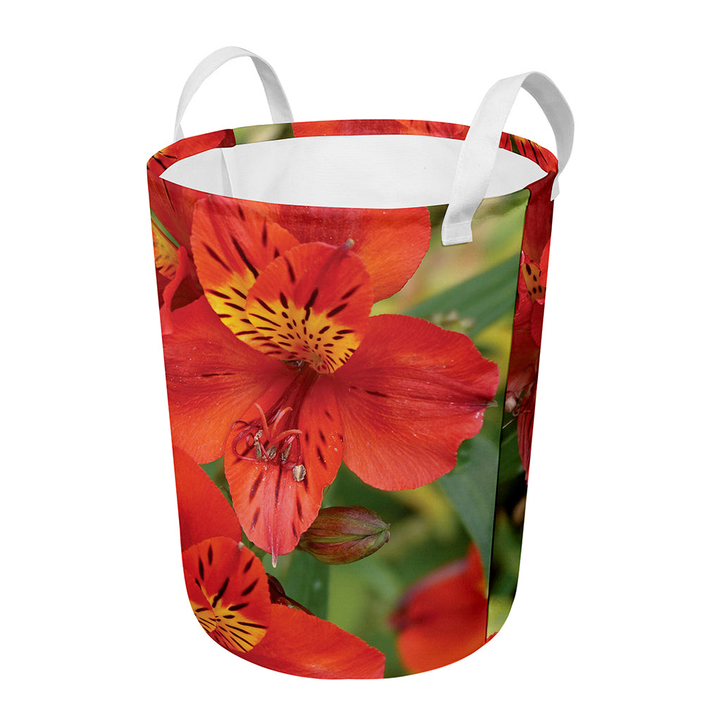 Red Alstroemeria Print Round Laundry Basket