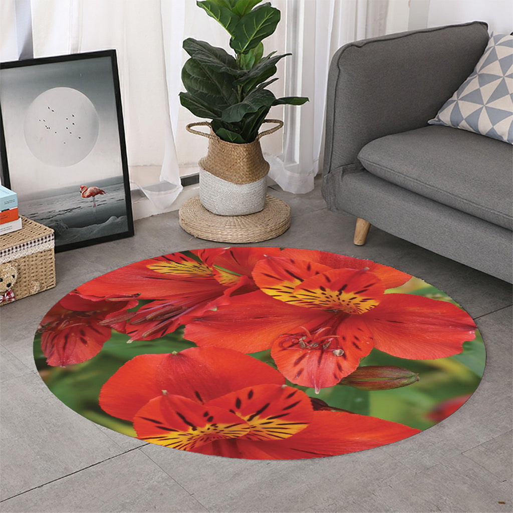 Red Alstroemeria Print Round Rug