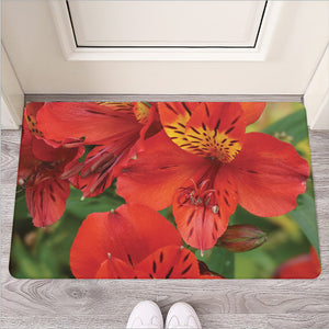 Red Alstroemeria Print Rubber Doormat