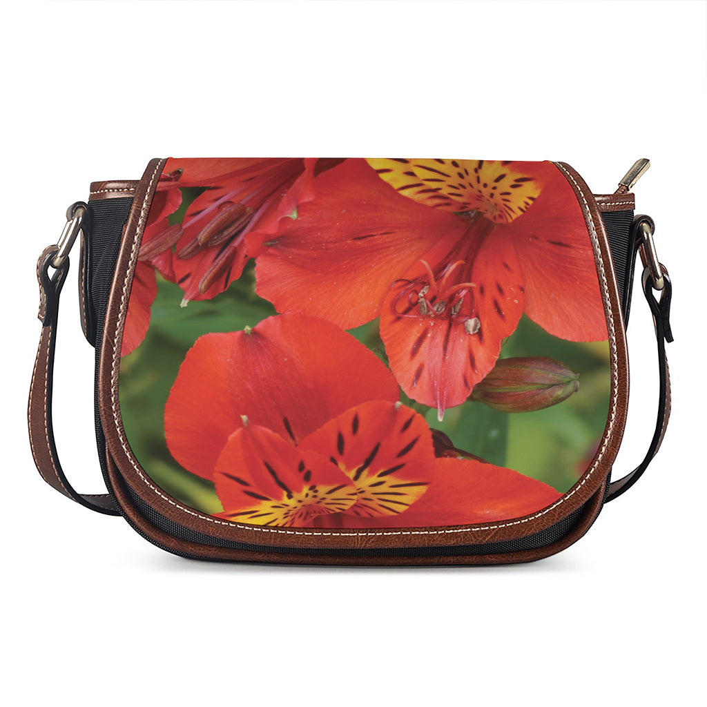 Red Alstroemeria Print Saddle Bag