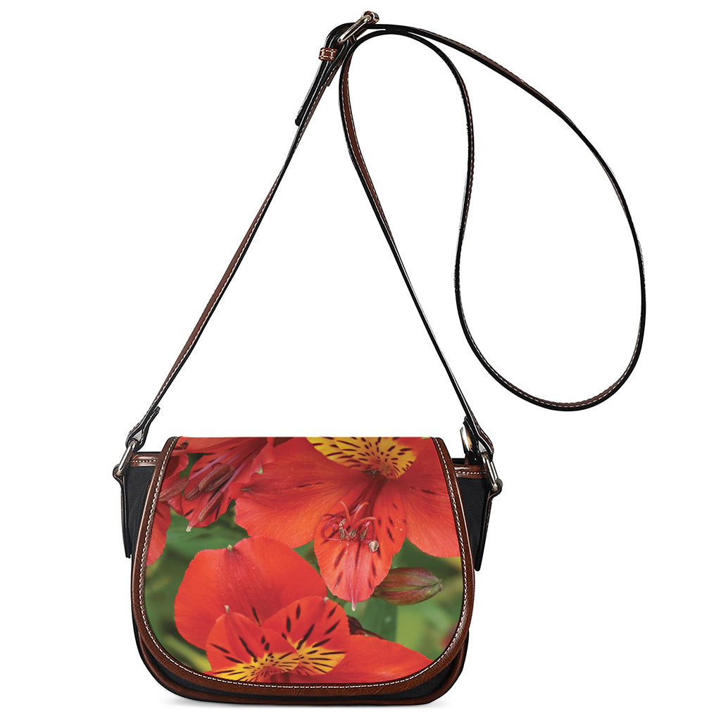 Red Alstroemeria Print Saddle Bag