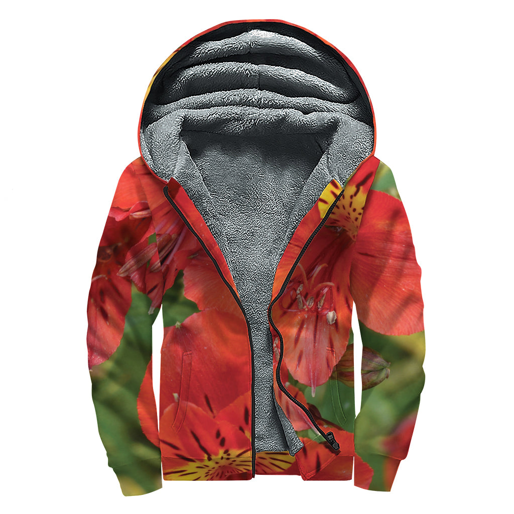 Red Alstroemeria Print Sherpa Lined Zip Up Hoodie