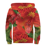 Red Alstroemeria Print Sherpa Lined Zip Up Hoodie