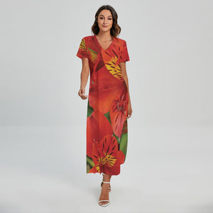 Red Alstroemeria Print Short Sleeve Maxi Dress