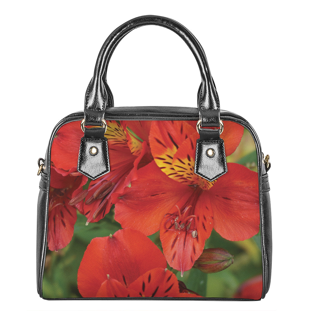 Red Alstroemeria Print Shoulder Handbag