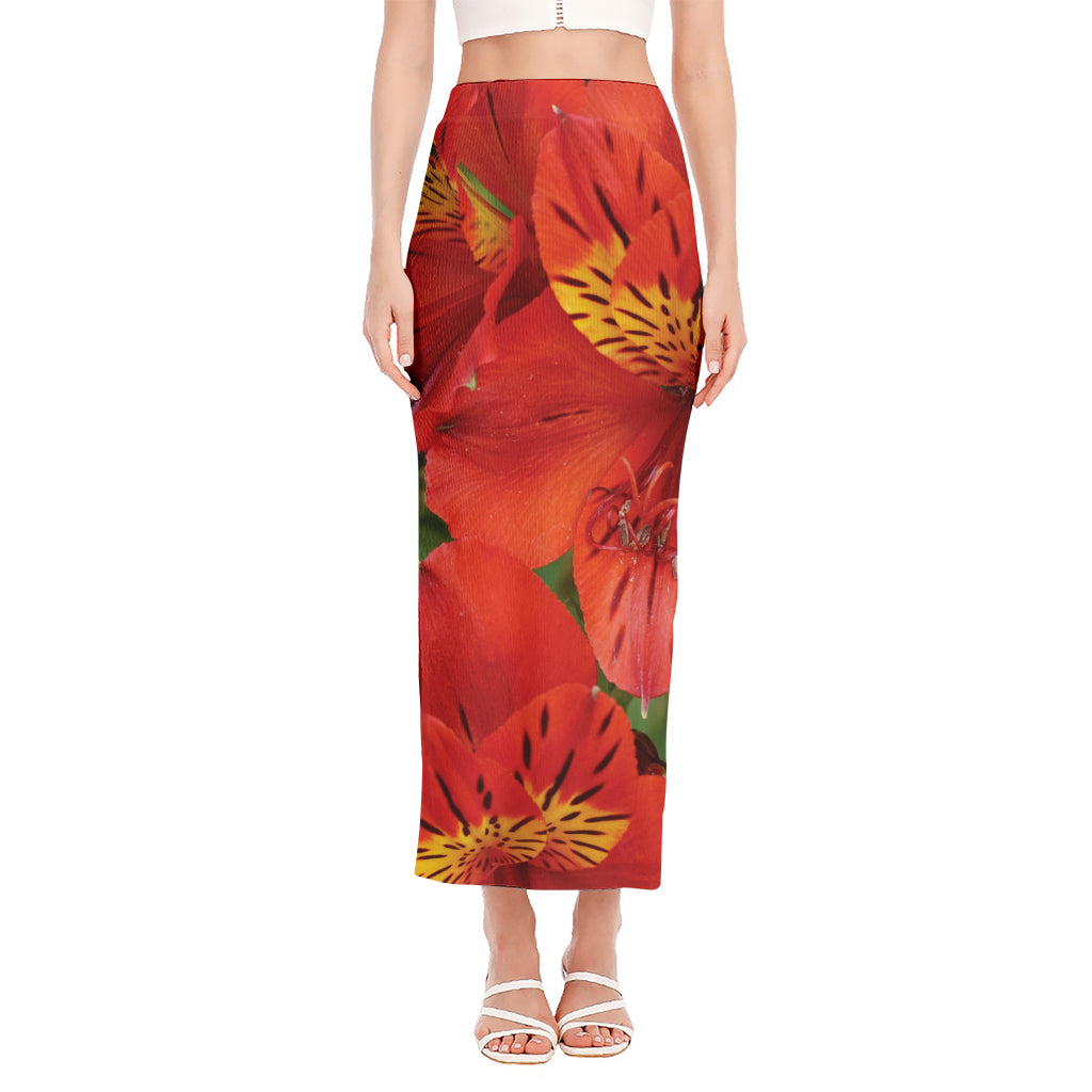 Red Alstroemeria Print Side Slit Maxi Skirt