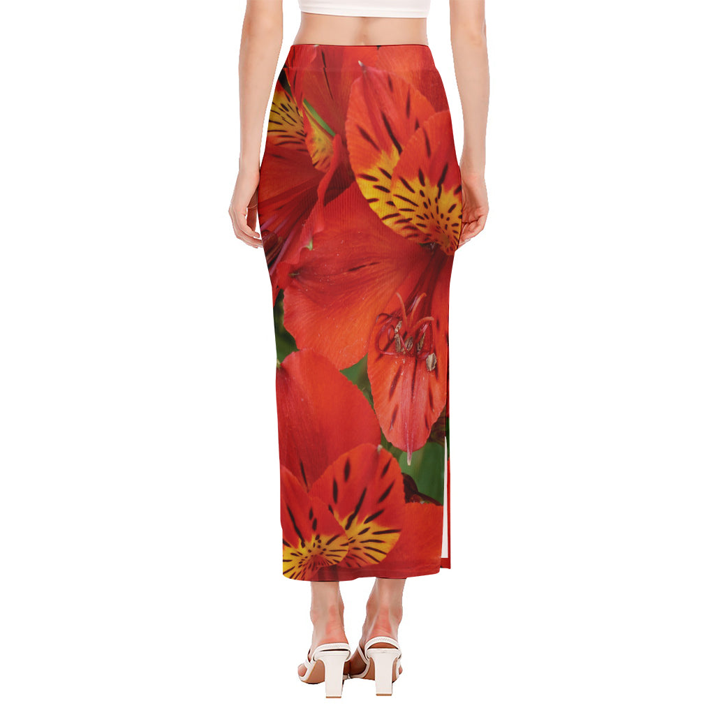 Red Alstroemeria Print Side Slit Maxi Skirt