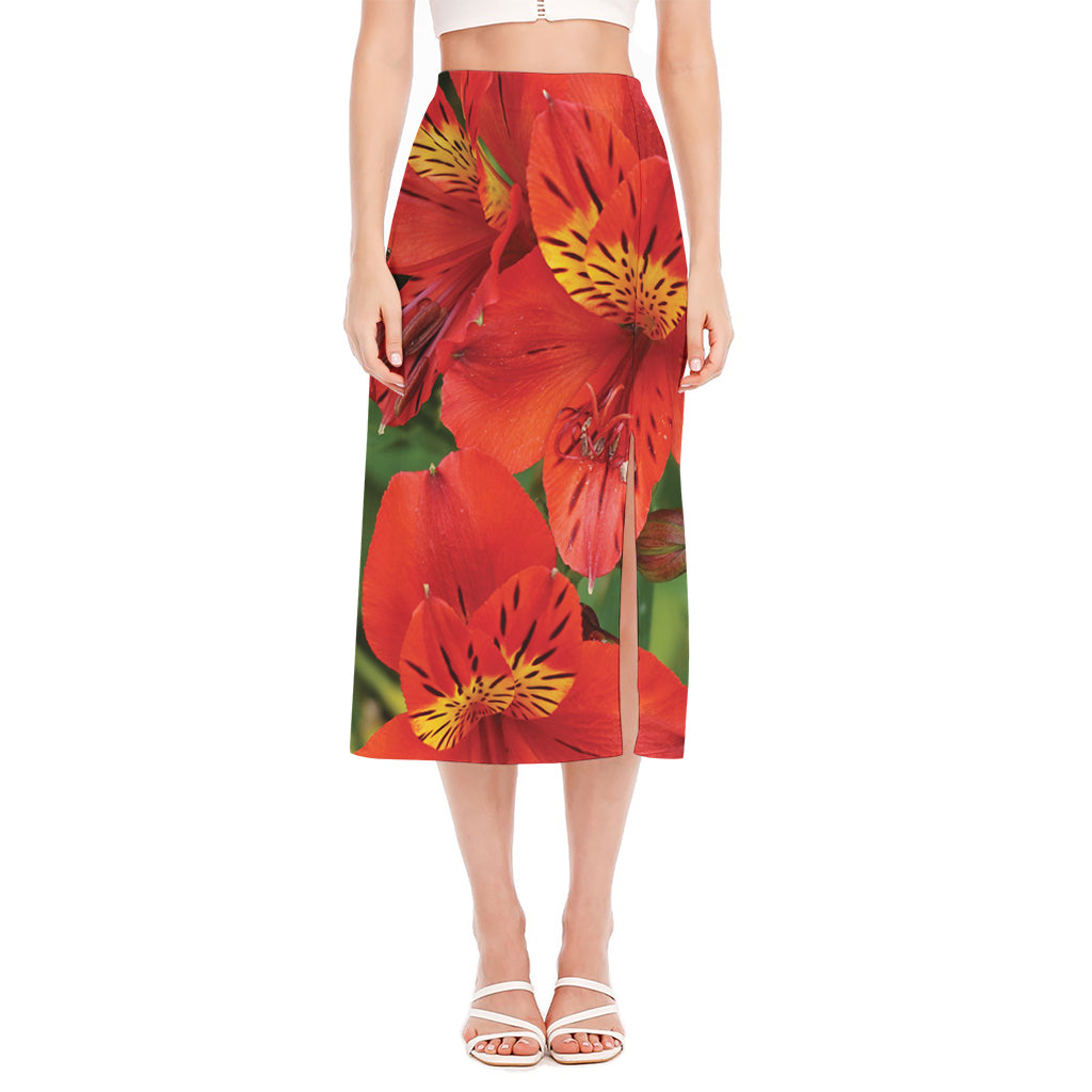 Red Alstroemeria Print Side Slit Midi Skirt