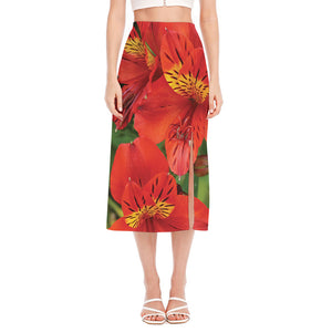 Red Alstroemeria Print Side Slit Midi Skirt