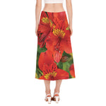 Red Alstroemeria Print Side Slit Midi Skirt