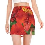 Red Alstroemeria Print Side Slit Mini Skirt