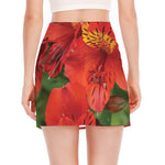 Red Alstroemeria Print Side Slit Mini Skirt