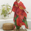 Red Alstroemeria Print Silk V-Neck Kaftan Dress