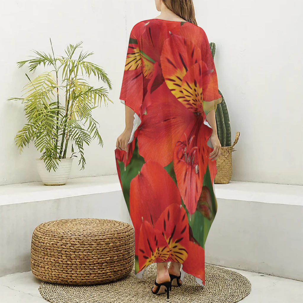 Red Alstroemeria Print Silk V-Neck Kaftan Dress