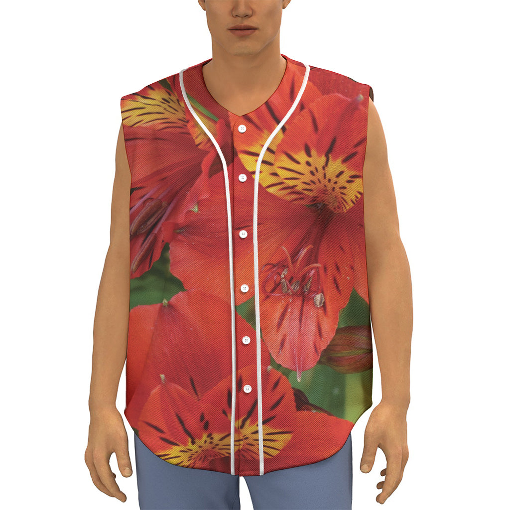 Red Alstroemeria Print Sleeveless Baseball Jersey