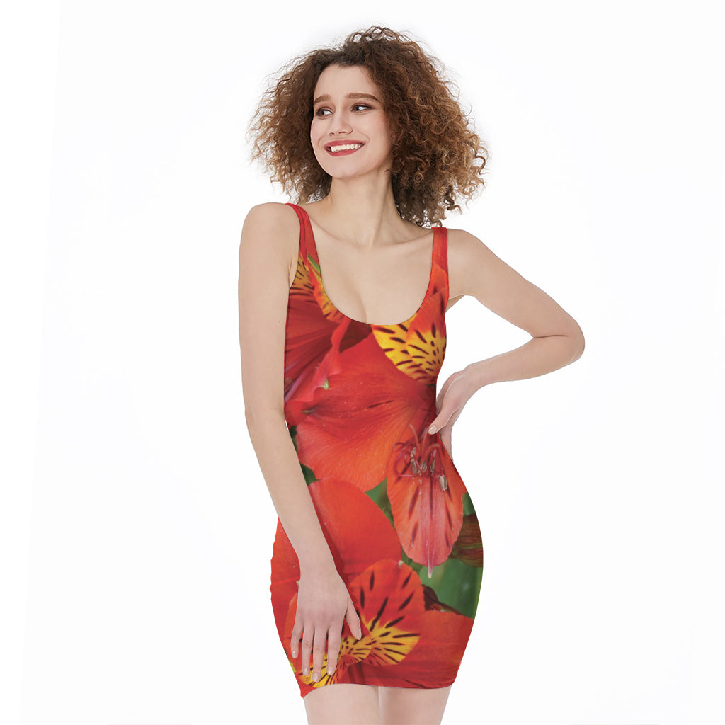 Red Alstroemeria Print Sleeveless Bodycon Dress