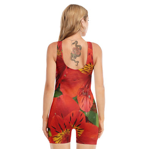 Red Alstroemeria Print Sleeveless One Piece Swimsuit