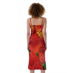 Red Alstroemeria Print Slim Fit Midi Cami Dress