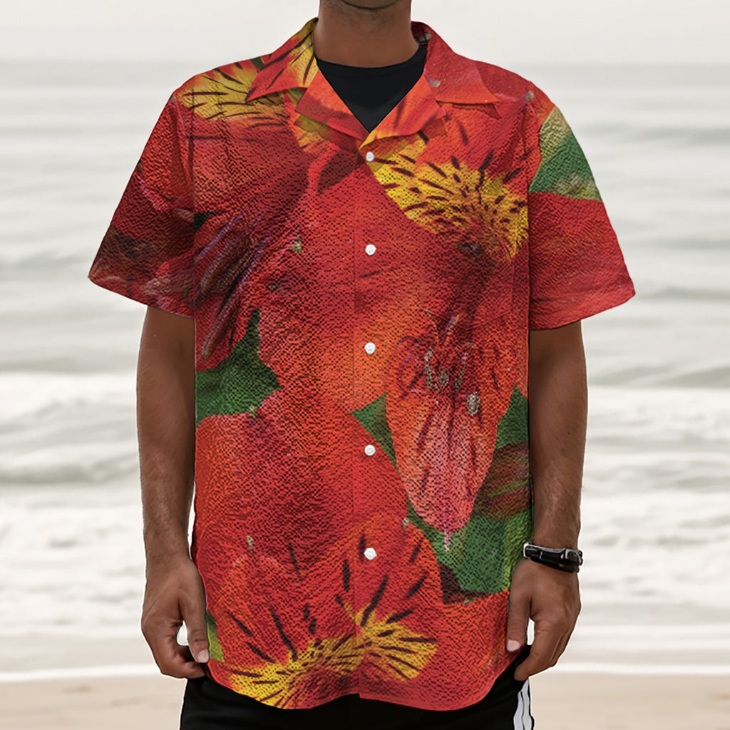 Red Alstroemeria Print Textured Short Sleeve Shirt