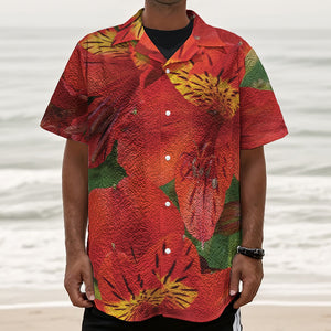 Red Alstroemeria Print Textured Short Sleeve Shirt