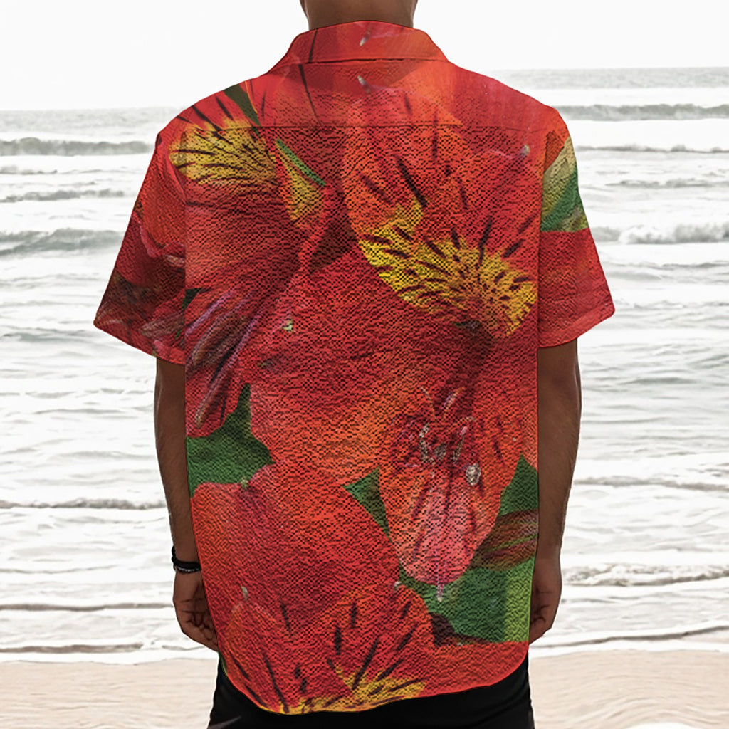 Red Alstroemeria Print Textured Short Sleeve Shirt