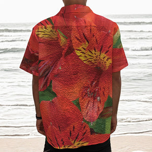 Red Alstroemeria Print Textured Short Sleeve Shirt