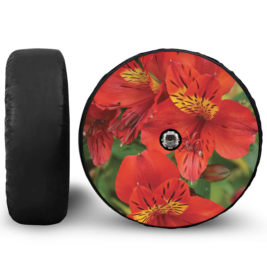Red Alstroemeria Print Tire Cover With Camera Hole