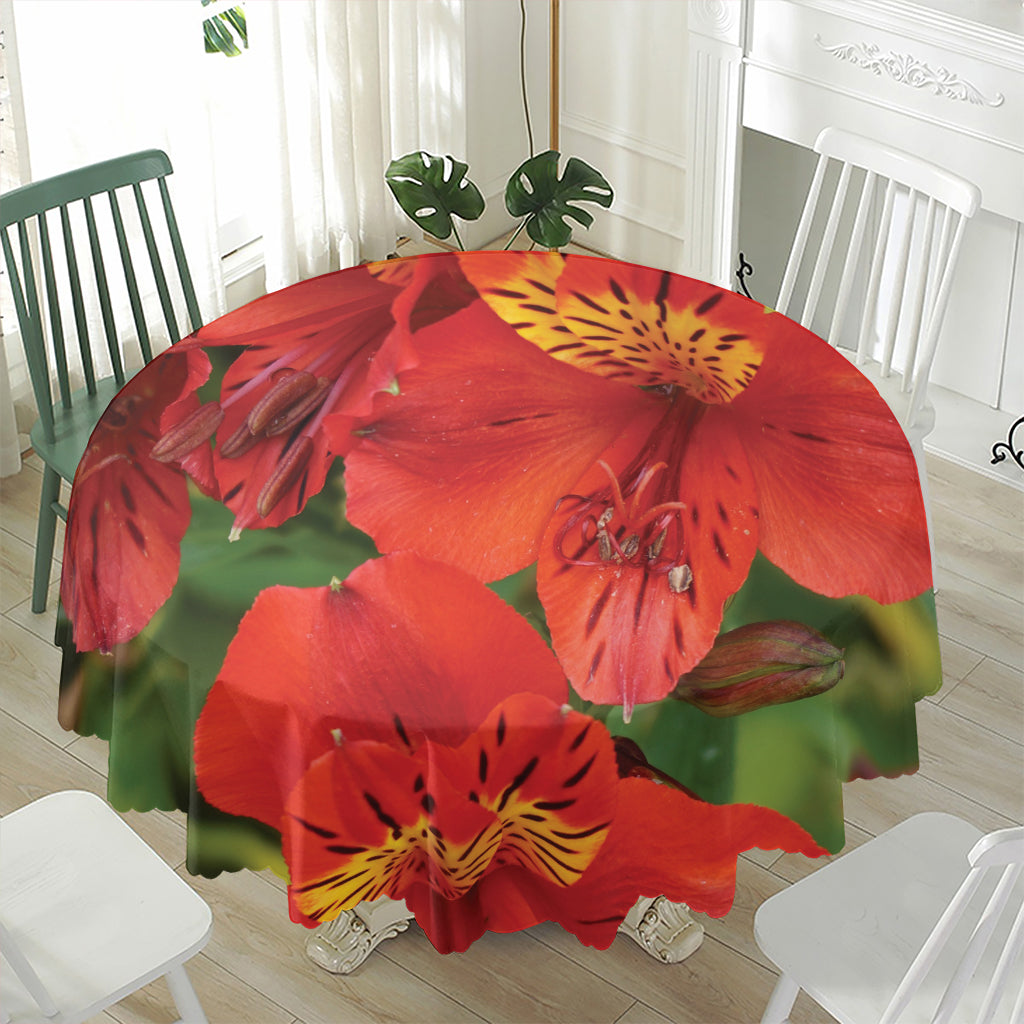 Red Alstroemeria Print Waterproof Round Tablecloth