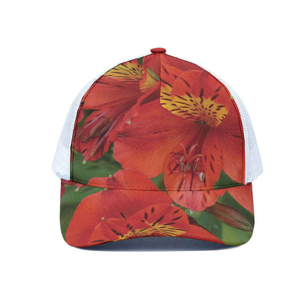 Red Alstroemeria Print White Mesh Trucker Cap