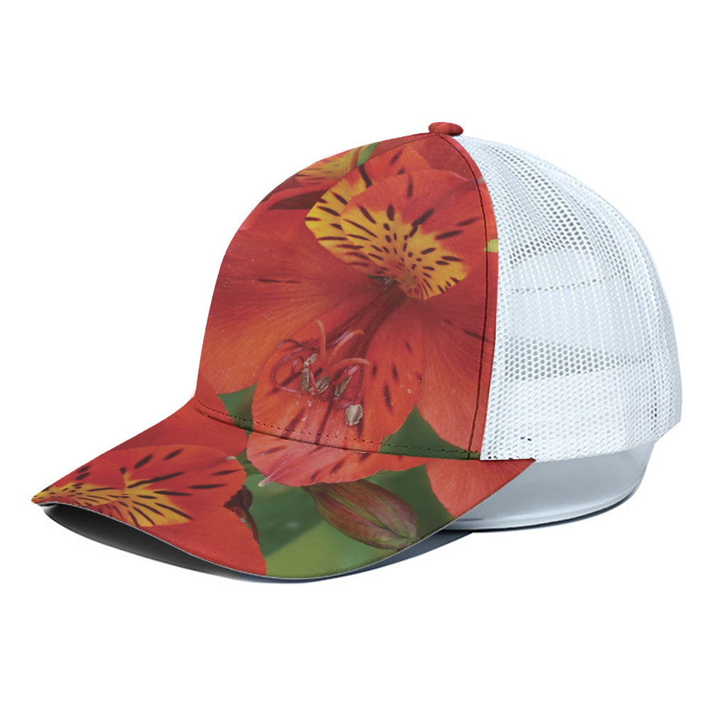 Red Alstroemeria Print White Mesh Trucker Cap