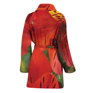 Red Alstroemeria Print Women's Bathrobe