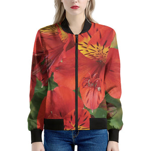 Red Alstroemeria Print Women's Bomber Jacket